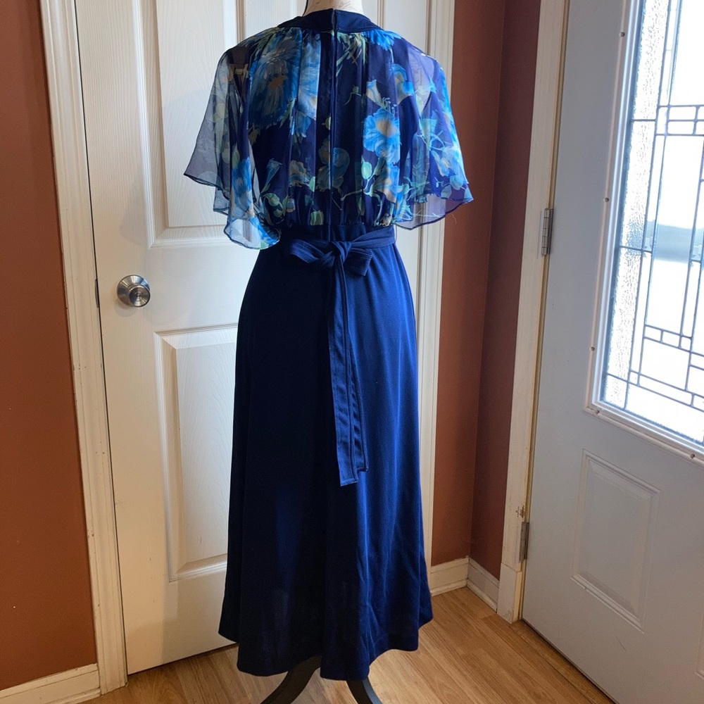 Vintage 70s Flutter Sleeve High Neckline Maxi Dress Floral Navy Formal Wedding - Picture 4 of 9